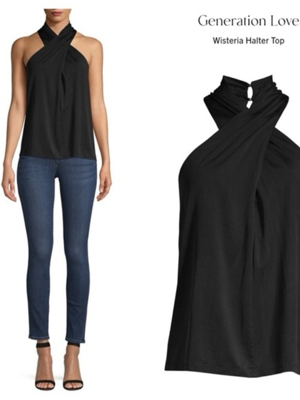 NWT Generation Love 95% Silk Black Wisteria Cross-Neck Halter Top